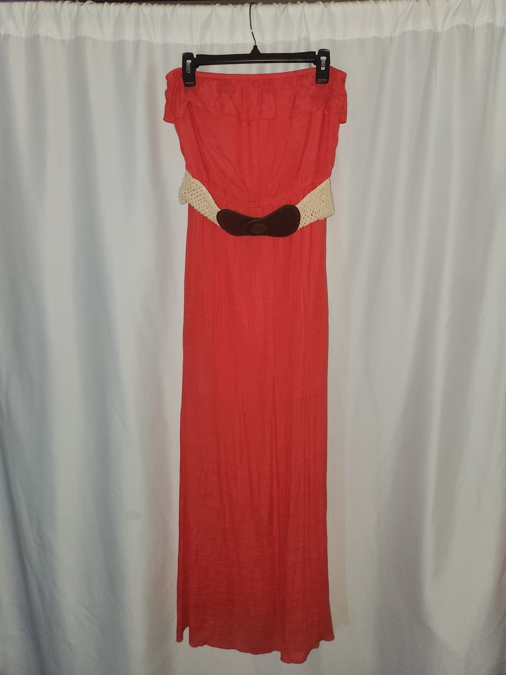 Juniors Coral Strapless Maxi Dress w/ Crochet Belt #flattering #boho-chic #party